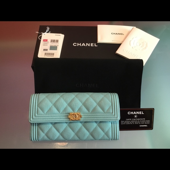 CHANEL Handbags - CHANEL Tiffany Blue Caviar Boy Flap Wallet